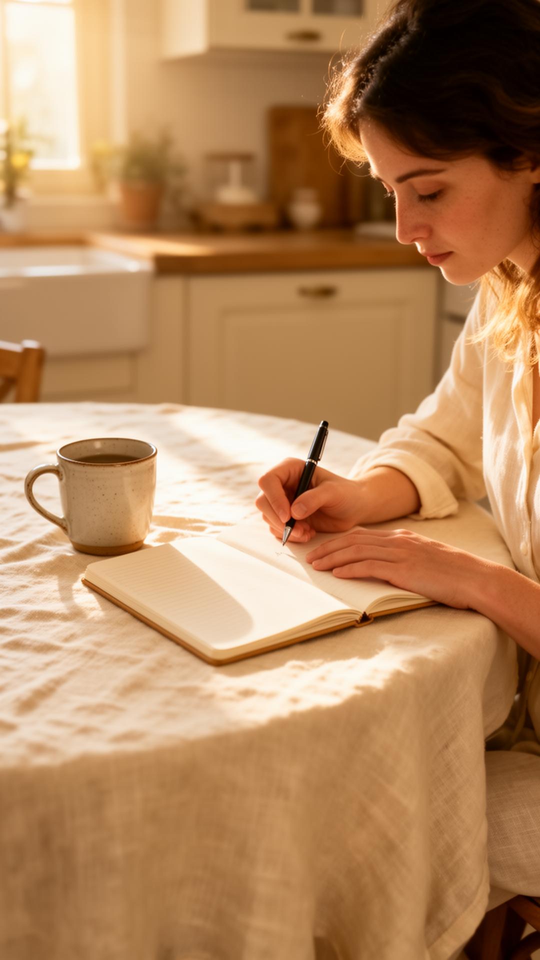 Mani di una donna che scrive in un quaderno alla luce del mattino