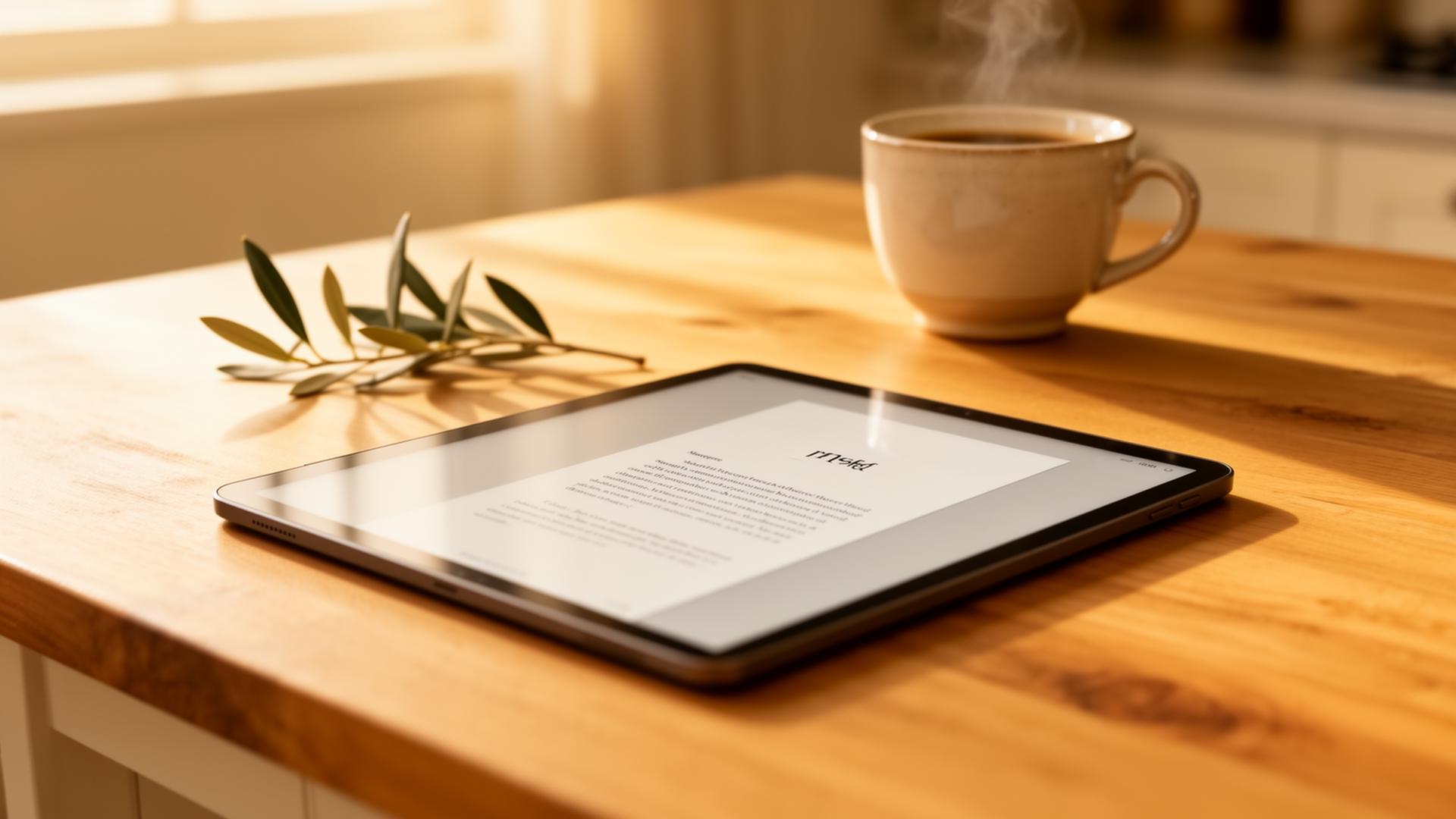 La guida visualizzata su un tablet, su un tavolo di legno illuminato dalla luce del mattino